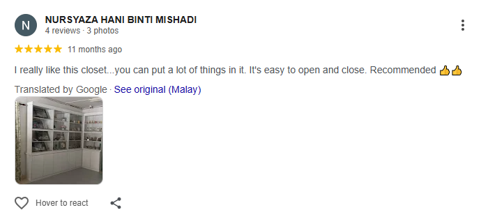 Google review daripada NURSYAZA HANI BINTI MISHADI